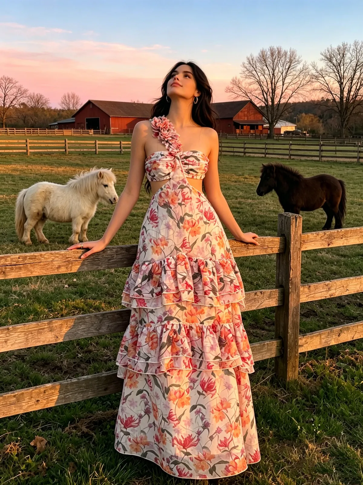 Model in multicolour floral tiered maxi dress on a farm at sunset
