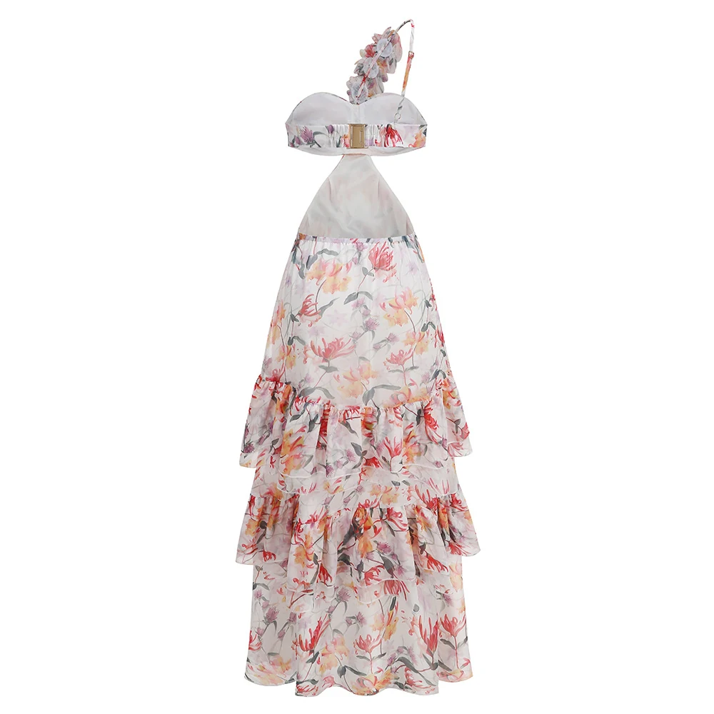 Real photo of multicolour floral tiered maxi dress, back view