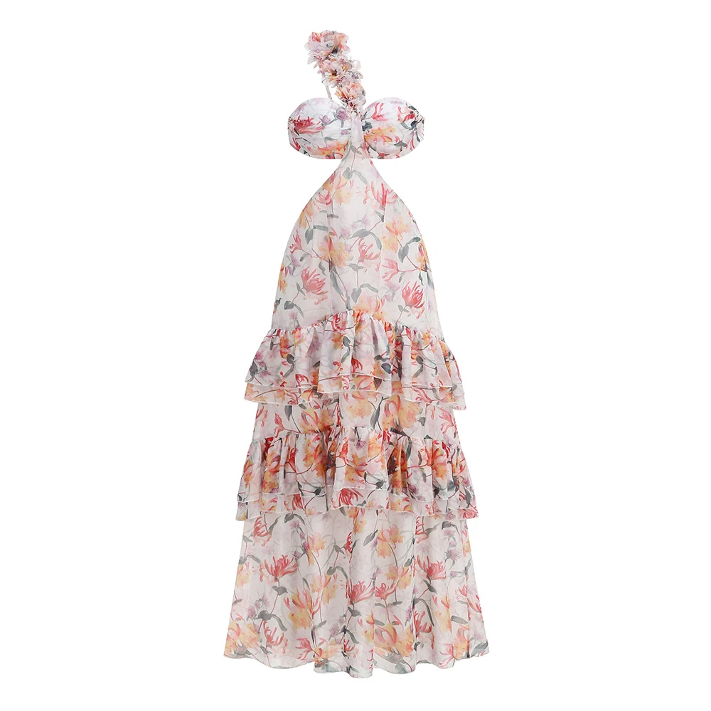 Real photo of multicolour floral one-shoulder tiered maxi dress, front view