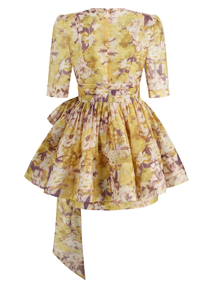 Real photo of multi floral print puff sleeve ruffle mini dress, back view