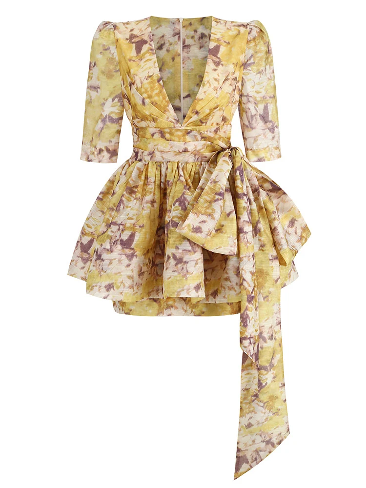 Real photo of multi floral print puff sleeve ruffle mini dress, front view