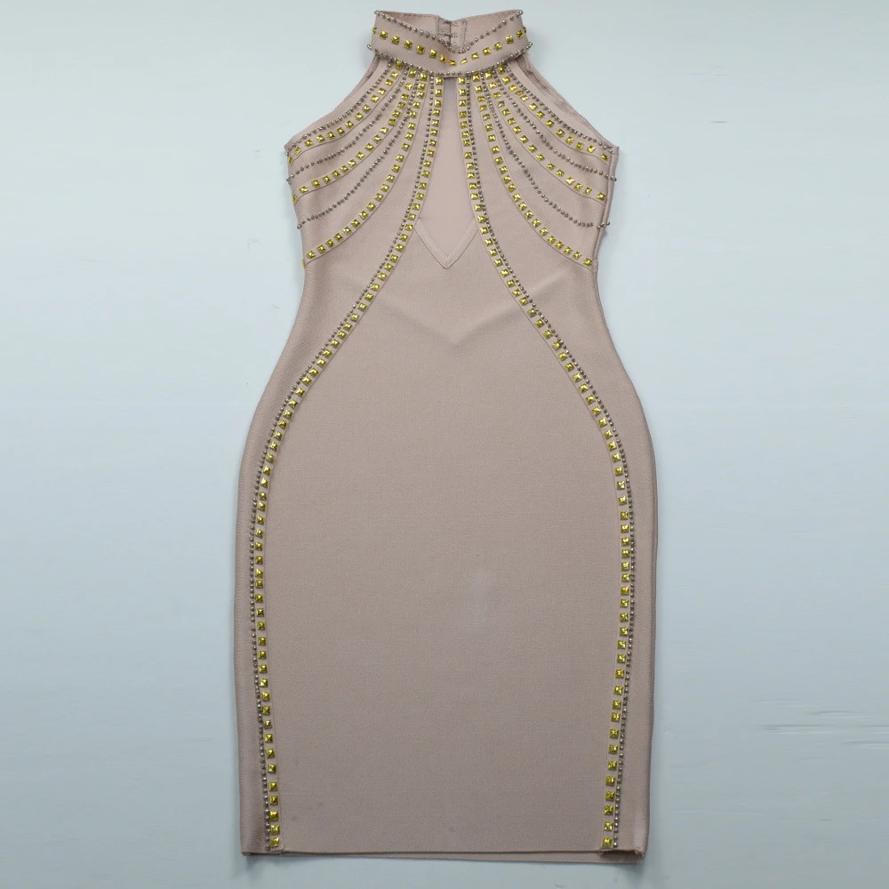 Flat lay of nude studded mesh halter bandage midi dress