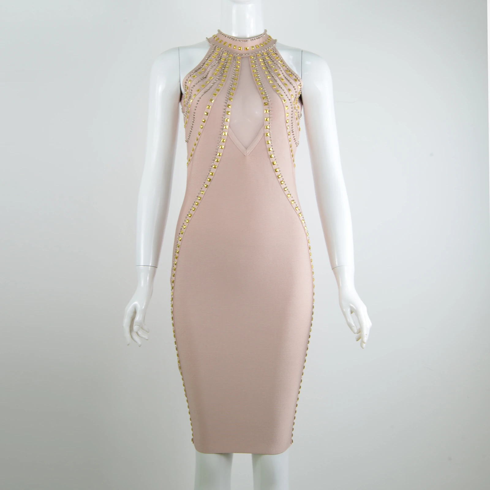 Real photo of nude pink halter neck bandage midi dress with gold-tone studded beading and mesh keyhole on a mannequin