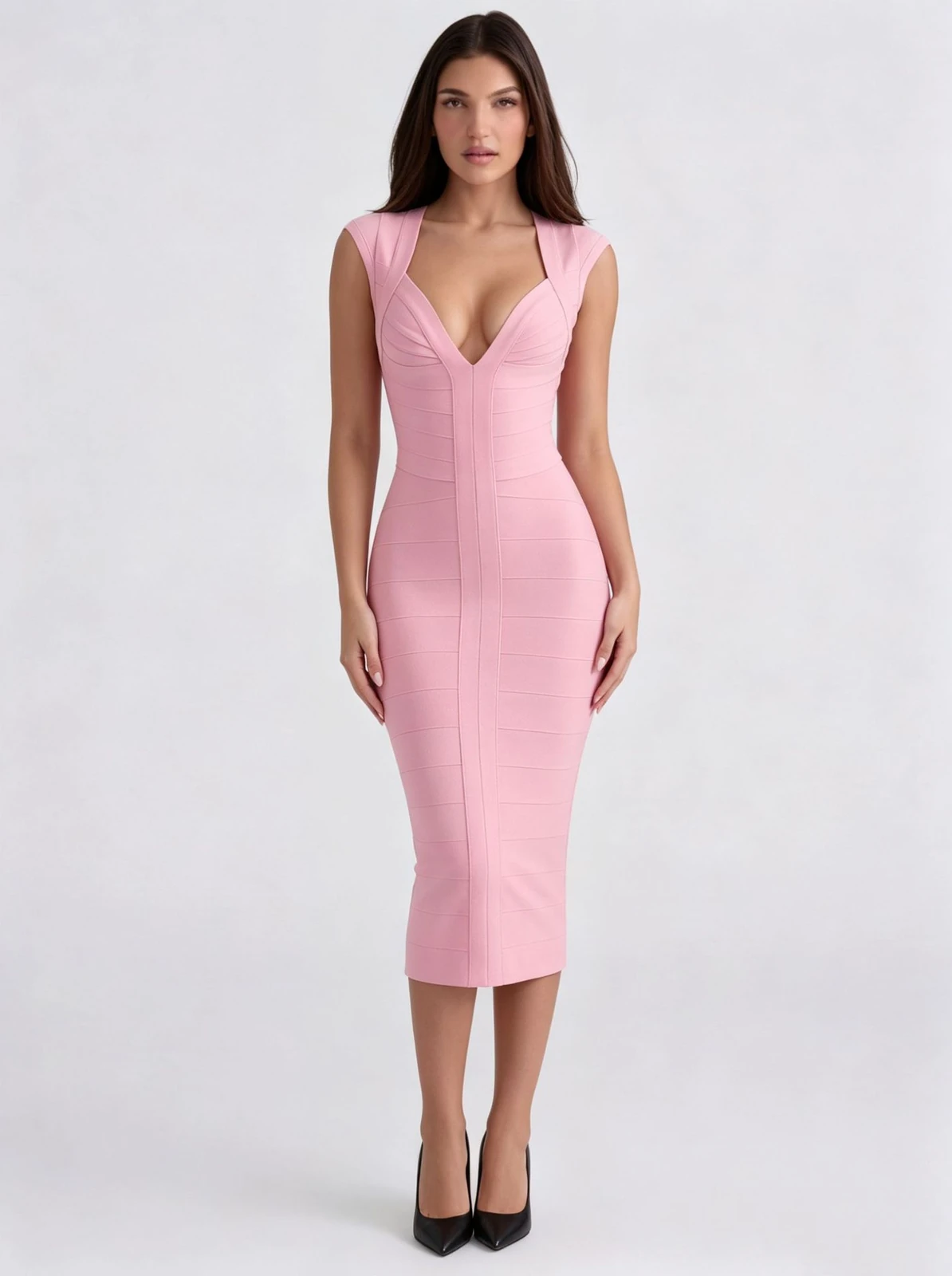 Model wearing pink deep V neck sleeveless bodycon bandage midi dress, front view