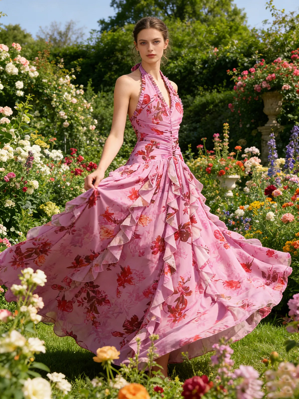 Model wearing pink floral print halter ruffle maxi dress in a garden
