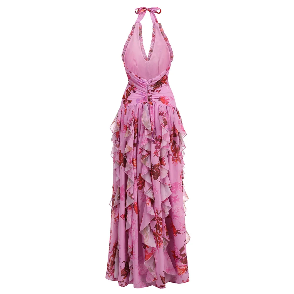 Real photo of pink floral halter ruffle maxi dress, back view