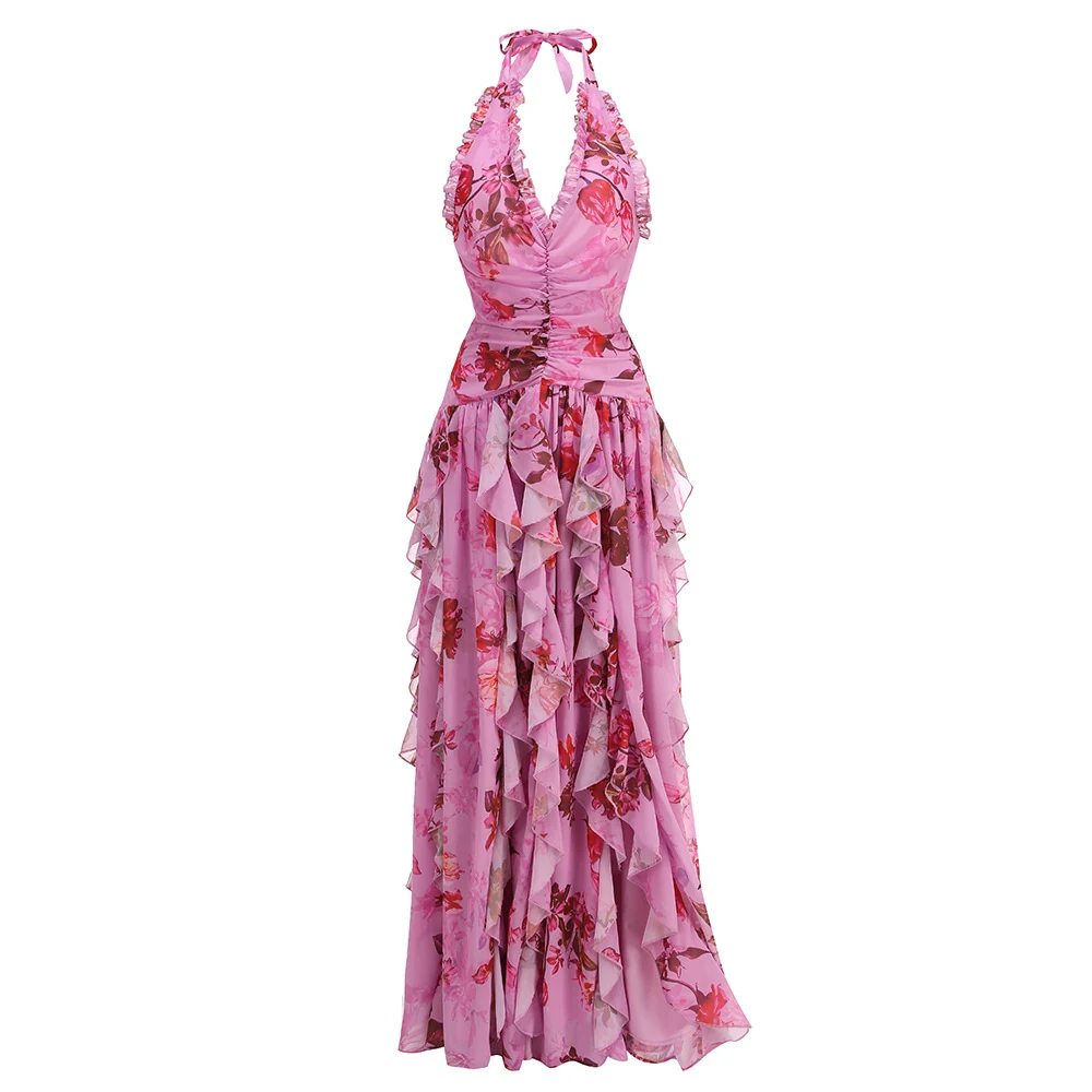 Real photo of pink floral halter ruffle maxi dress, front view
