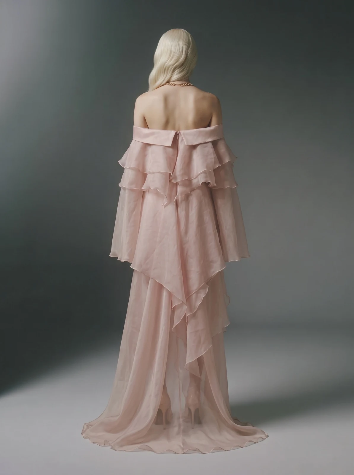 Back view of pink off-shoulder tiered ruffle chiffon maxi dress