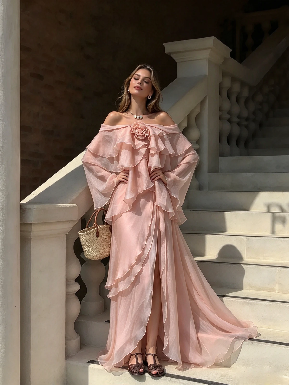 Model in pink off-shoulder tiered ruffle chiffon maxi dress on a staircase