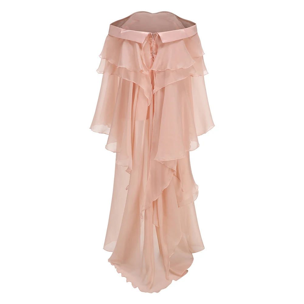 Real photo of pink off-shoulder tiered ruffle chiffon maxi dress, back view