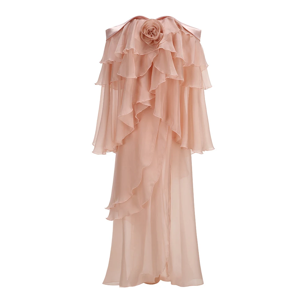 Real photo of pink off-shoulder tiered ruffle chiffon maxi dress, front view
