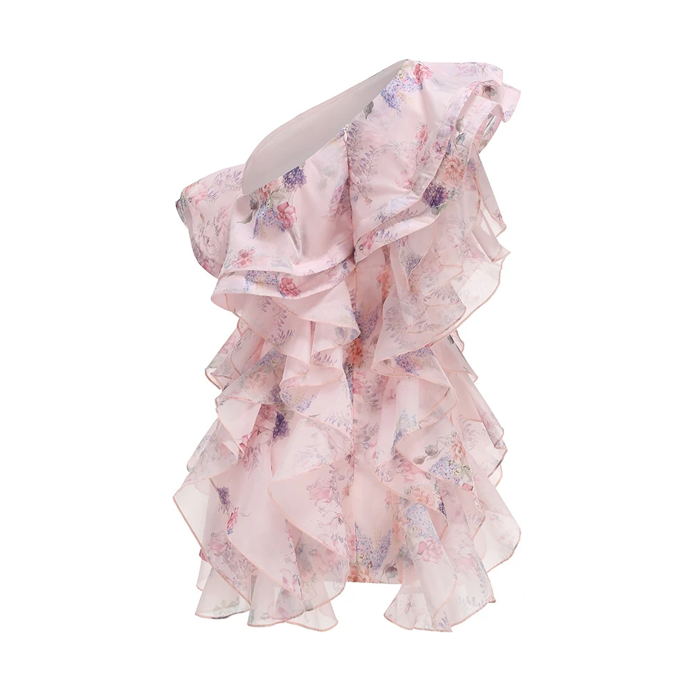 Real photo of pink one-shoulder floral ruffle mini dress, back view