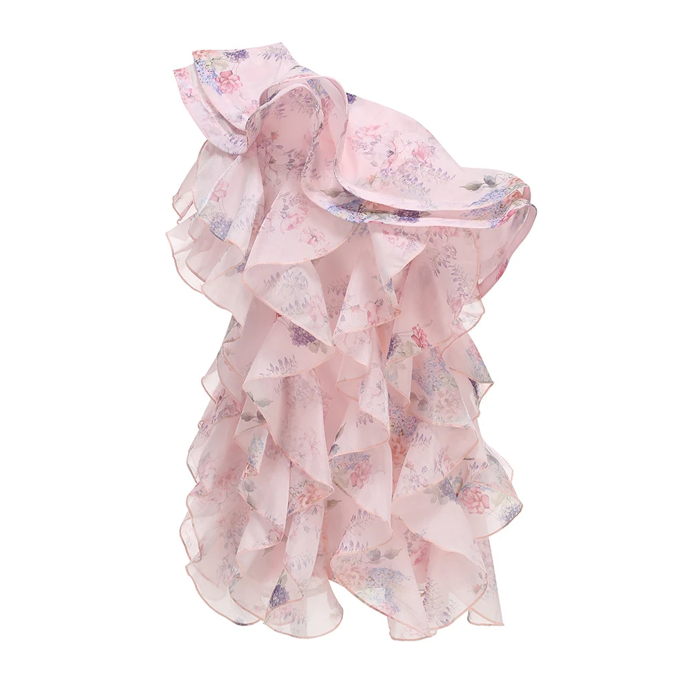 Real photo of pink one-shoulder floral ruffle mini dress, front view
