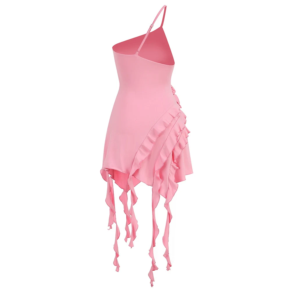 Real photo of pink 3D rose ruffle tassel hem mini dress, back view