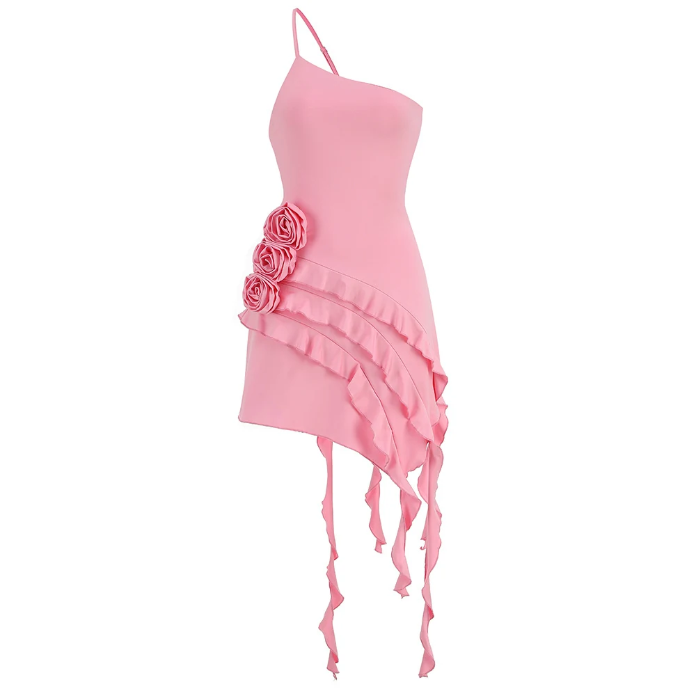 Real photo of pink 3D rose ruffle tassel hem mini dress, front view