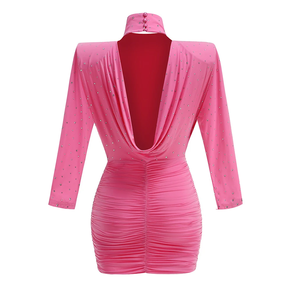 Real photo of pink mini dress with draped cowl open back