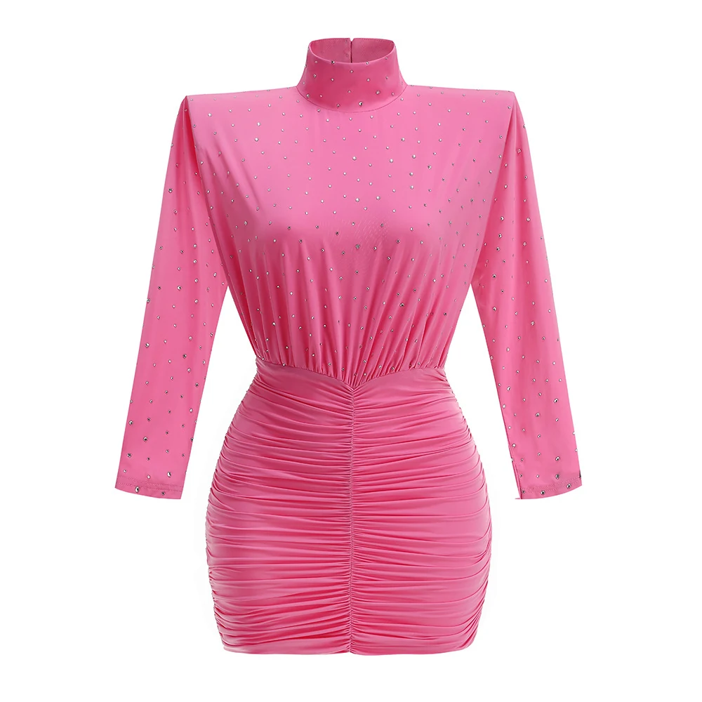 Real photo of pink mock neck ruched mini dress, front view