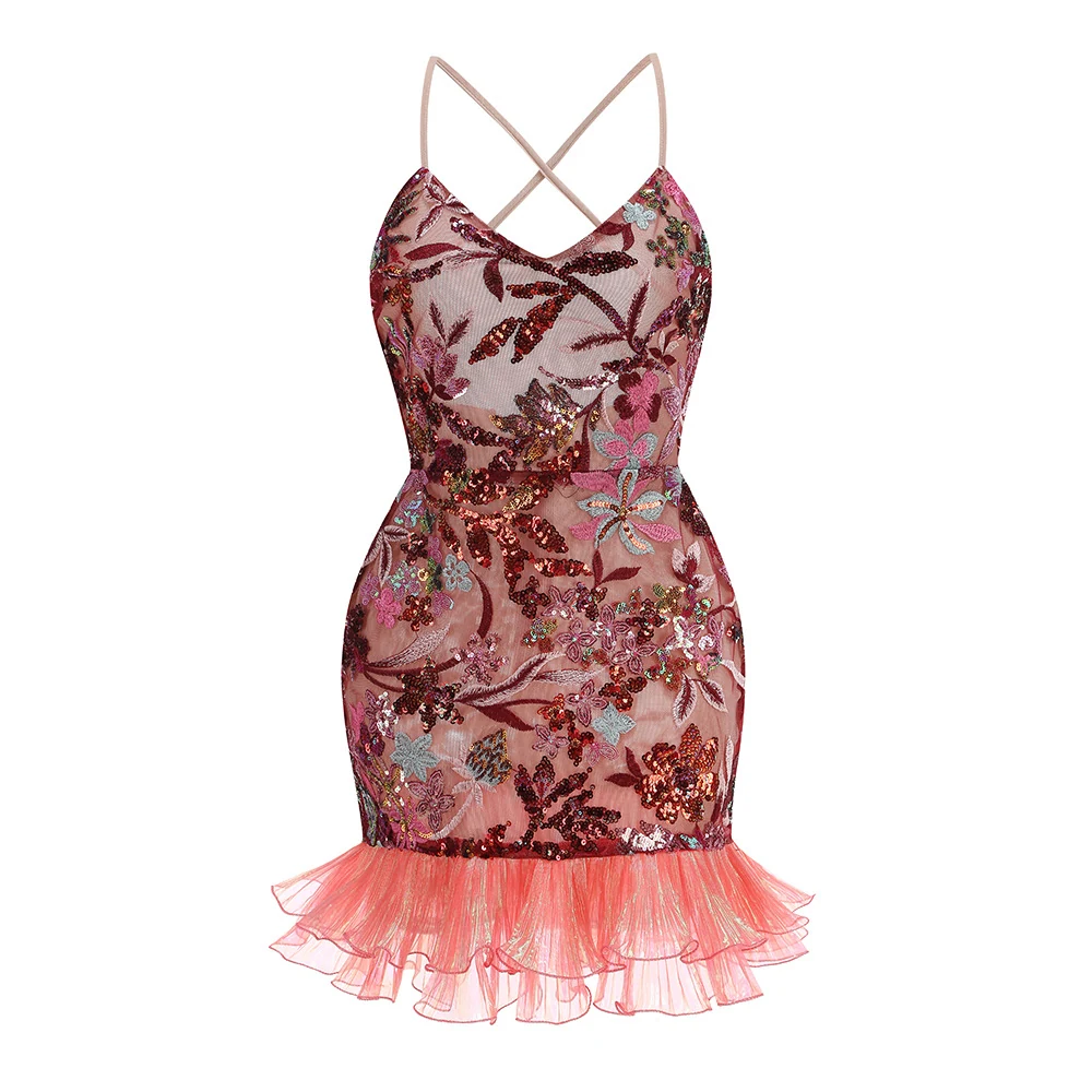 Real photo of pink sequin floral ruffle hem mini dress, front view