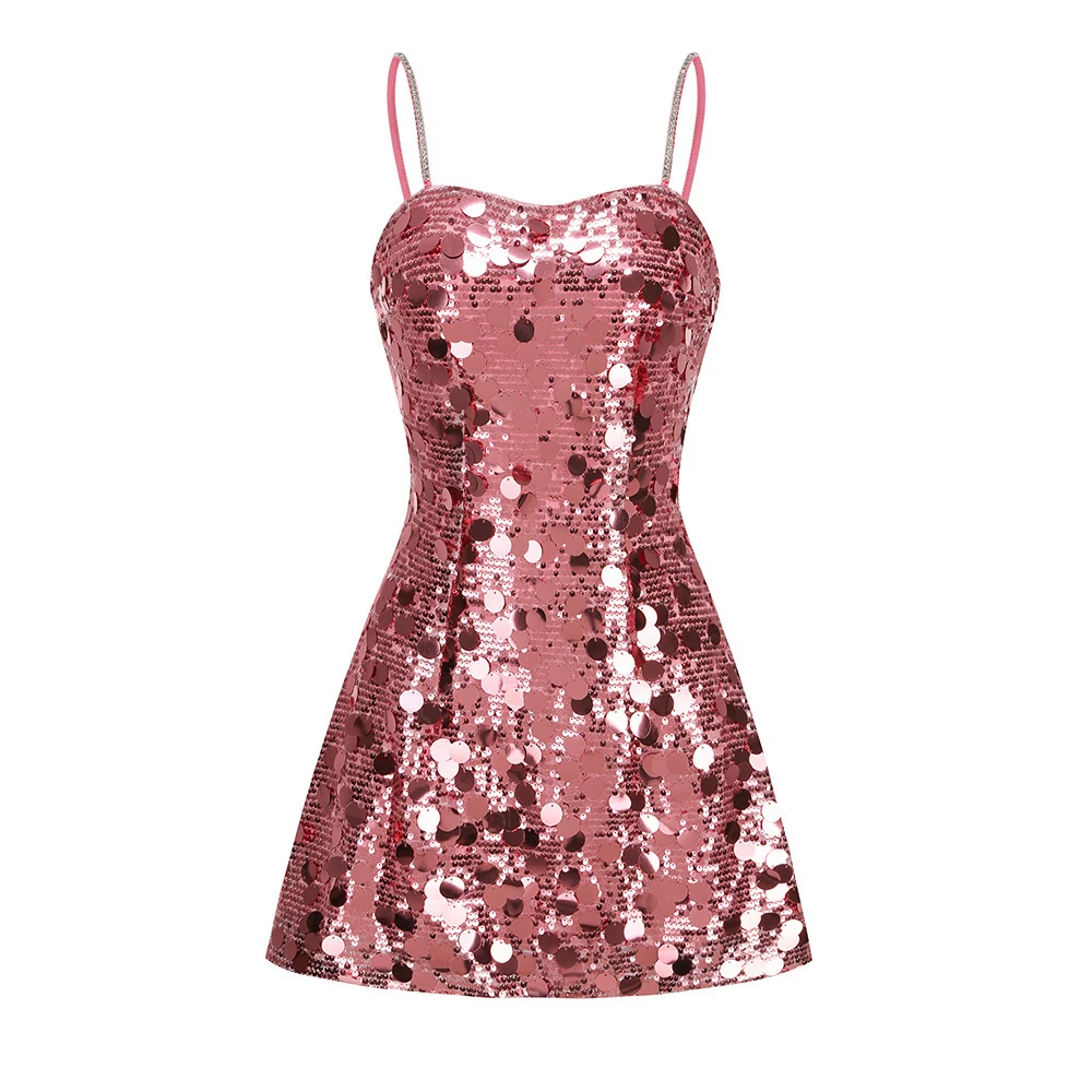 Real photo of pink sequin spaghetti strap mini dress, front view