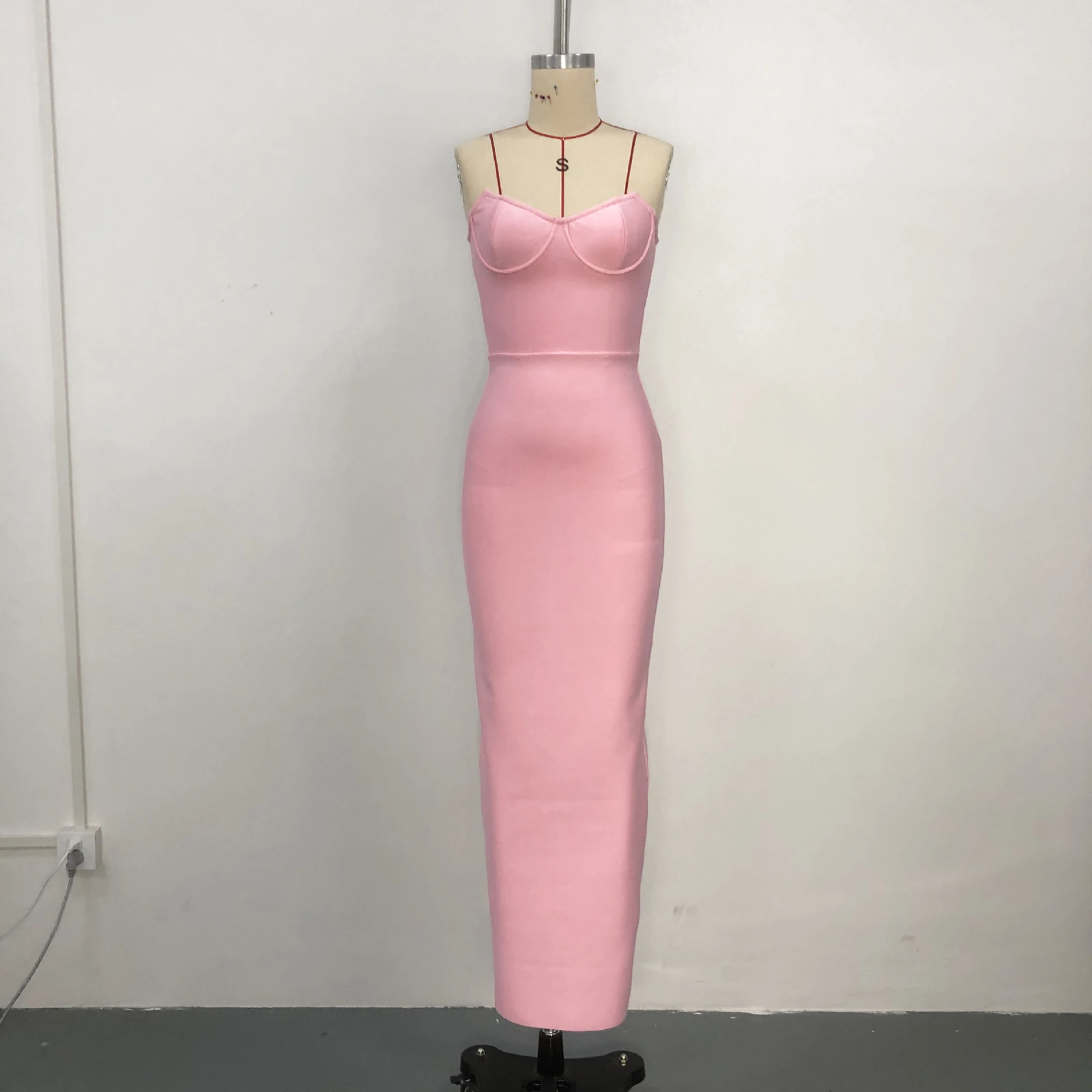 Real photo of pink strapless sweetheart bandage maxi dress on a mannequin