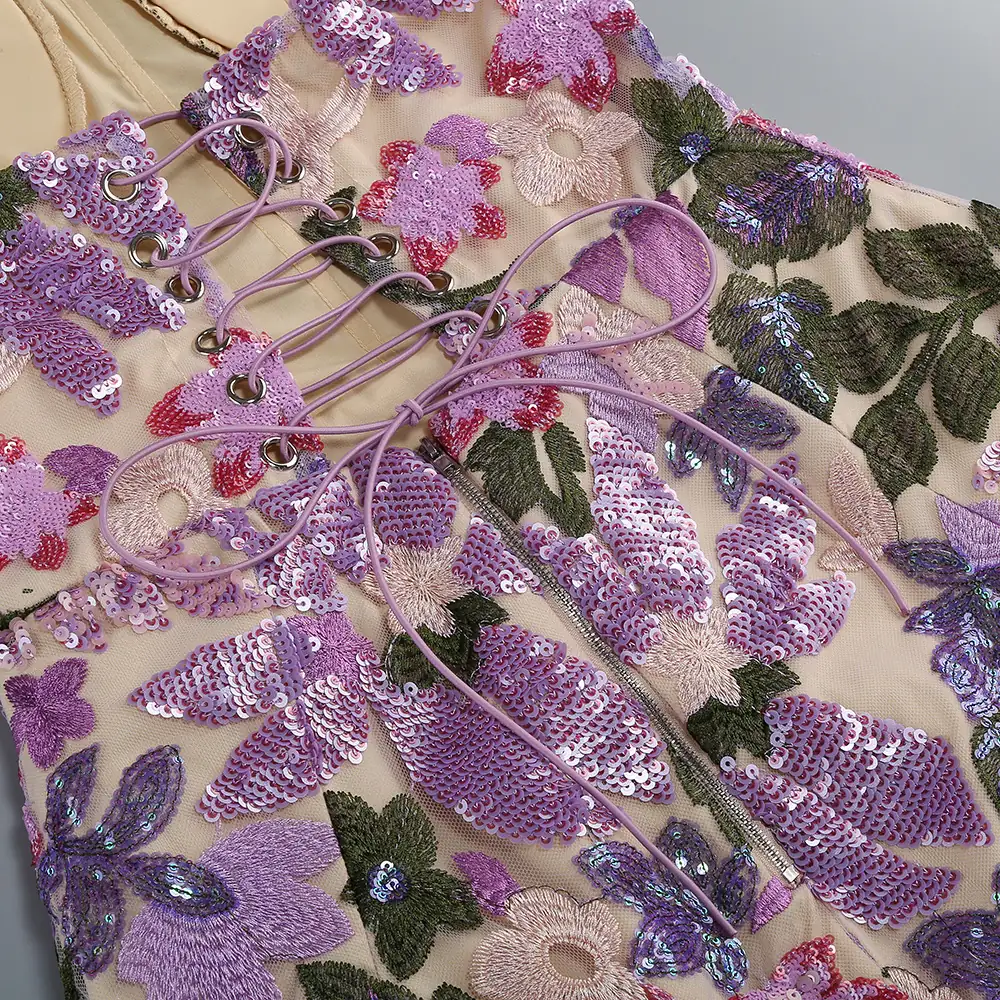 Close-up of the sequin embroidery on purple strapless sequin floral A-line mini dress