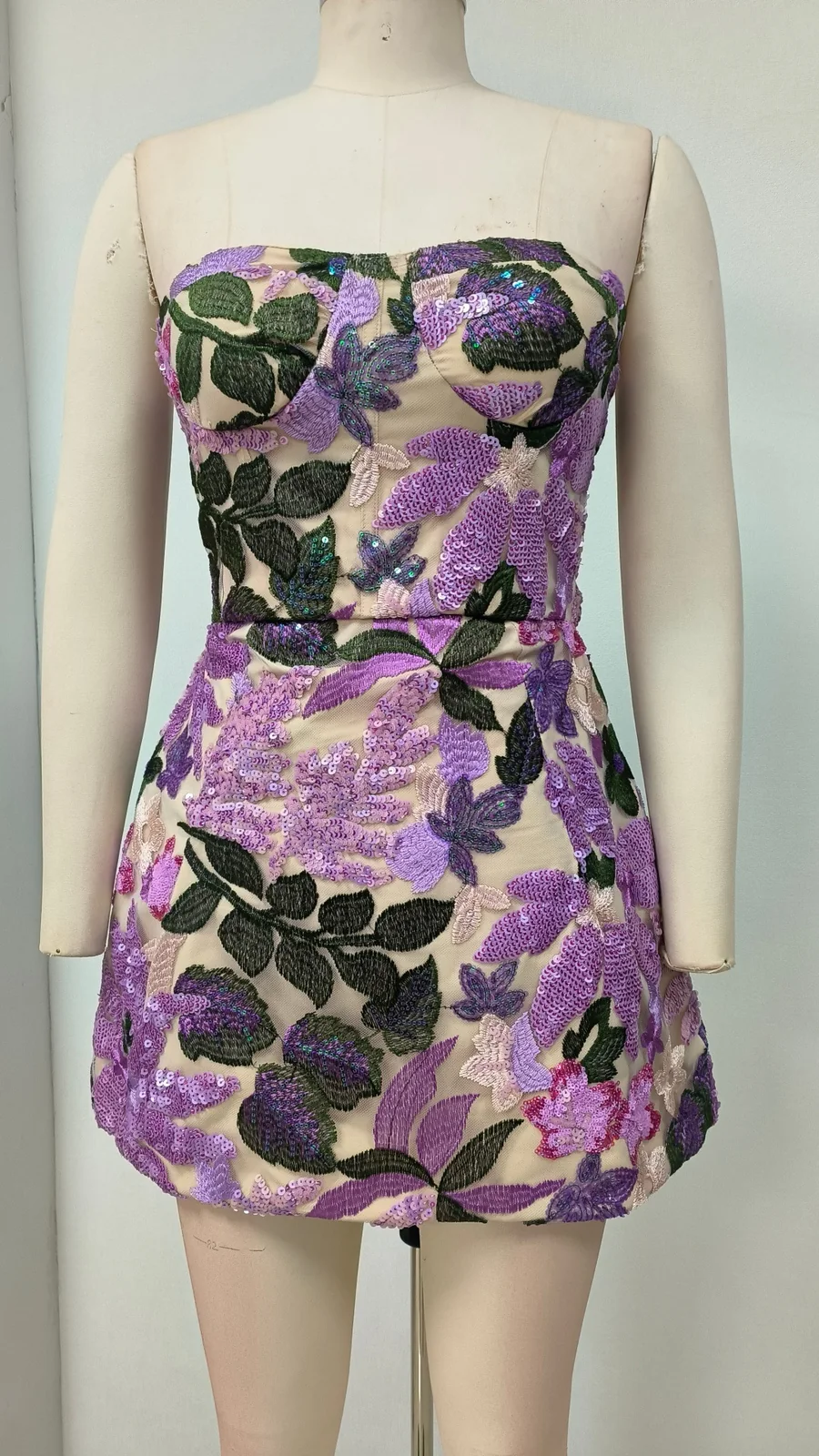 Real photo of purple strapless sequin floral A-line mini dress, front view