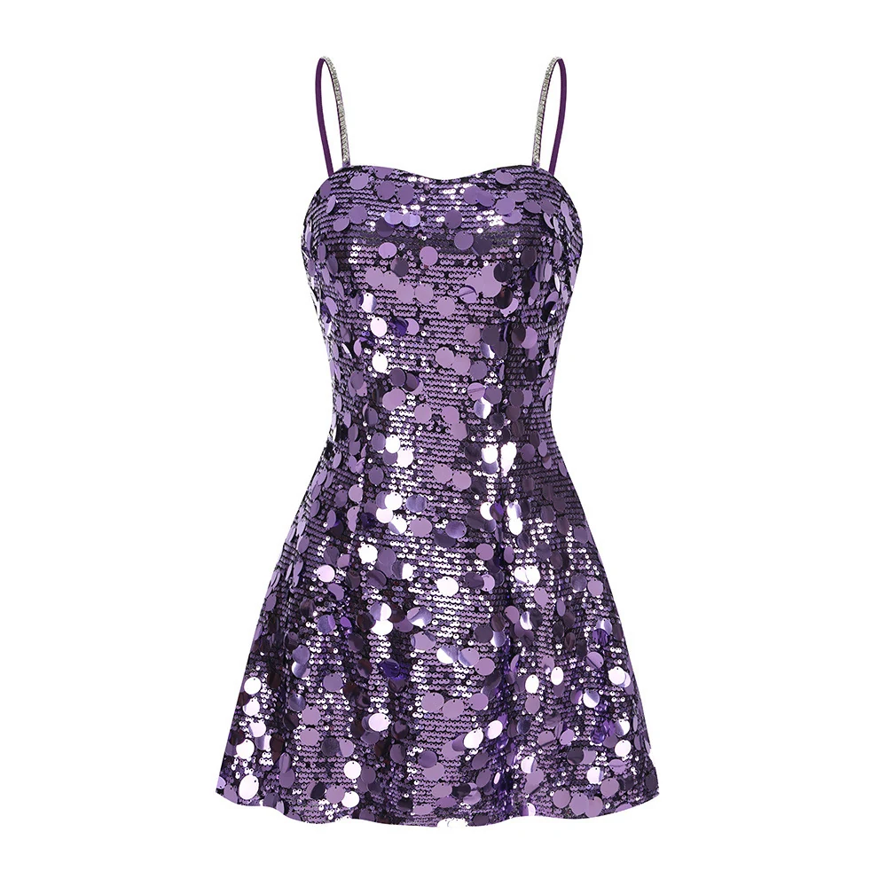 Real photo of purple sequin spaghetti strap mini dress, front view