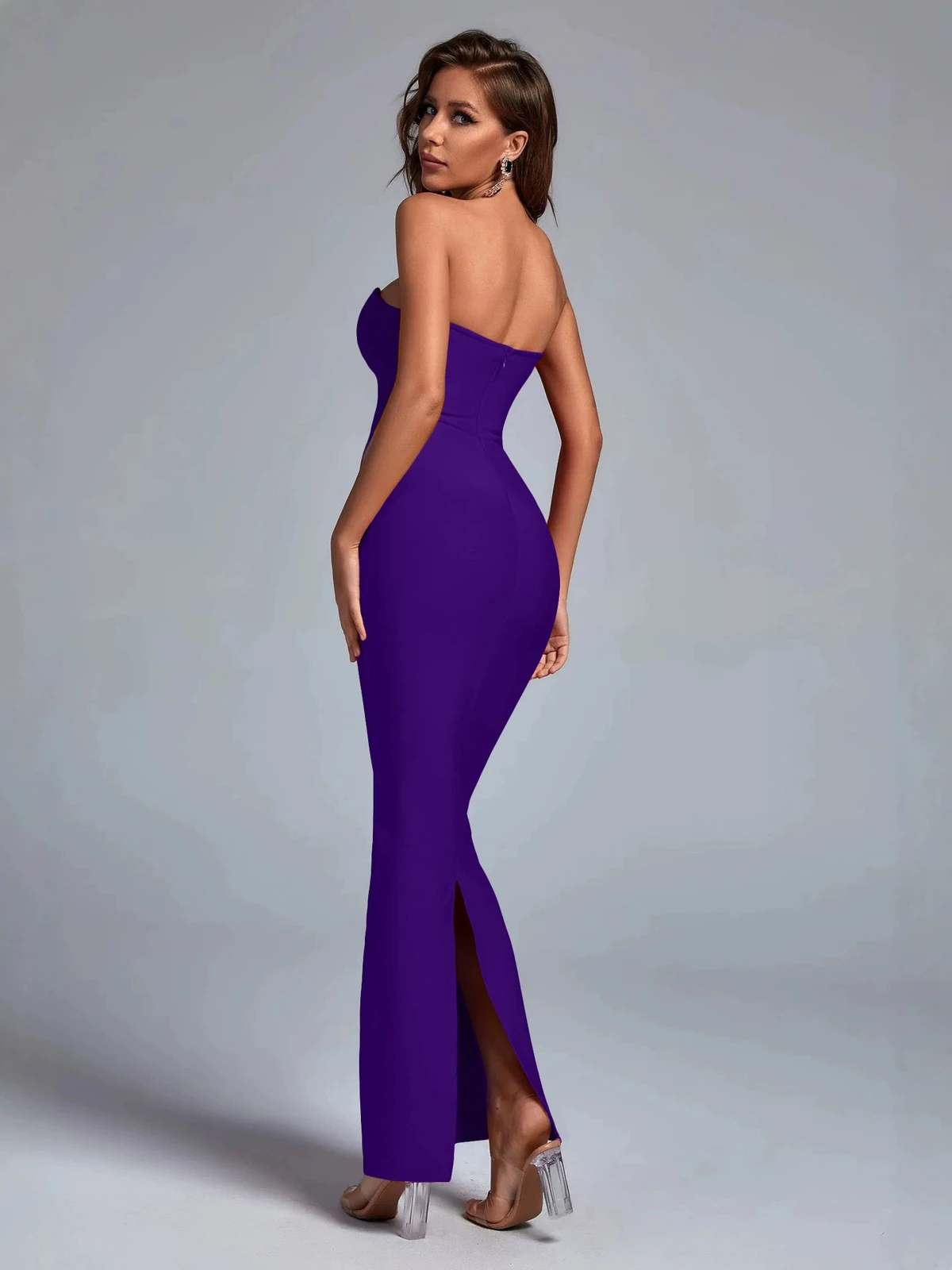 Back view of purple strapless bandage maxi dress with back slit