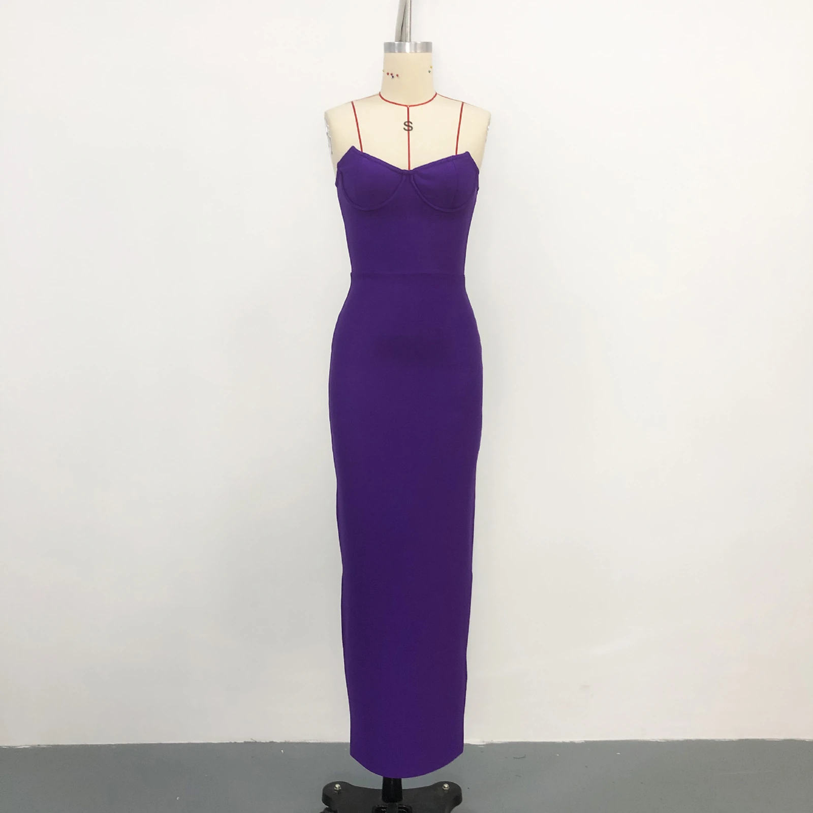 Real photo of purple strapless sweetheart bandage maxi dress on a mannequin