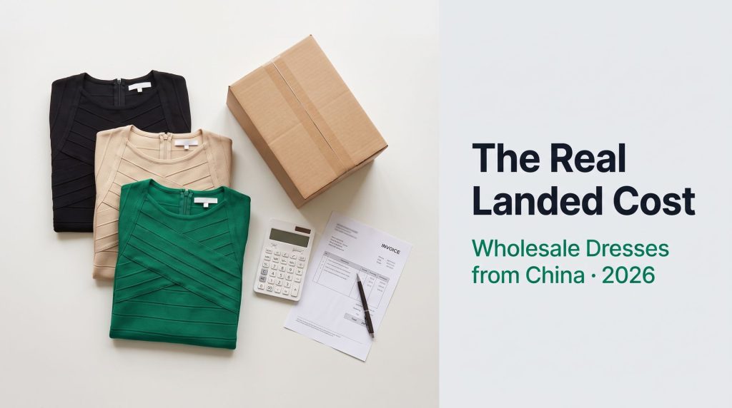 Wholesale dresses from China with a shipping box, calculator and invoice, illustrating the real landed cost in 2026