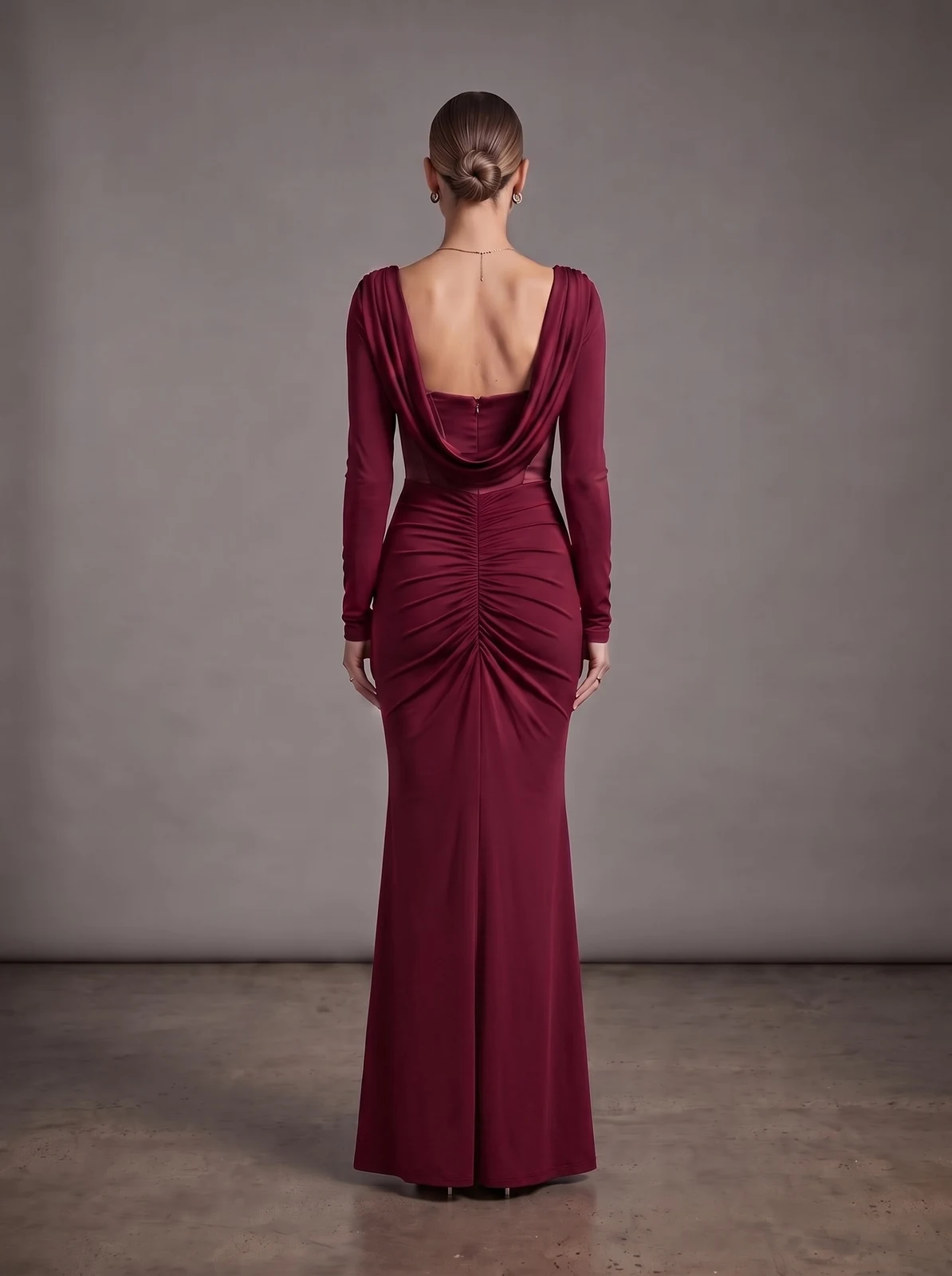 Back view of red cowl neck ruched long sleeve maxi dress
