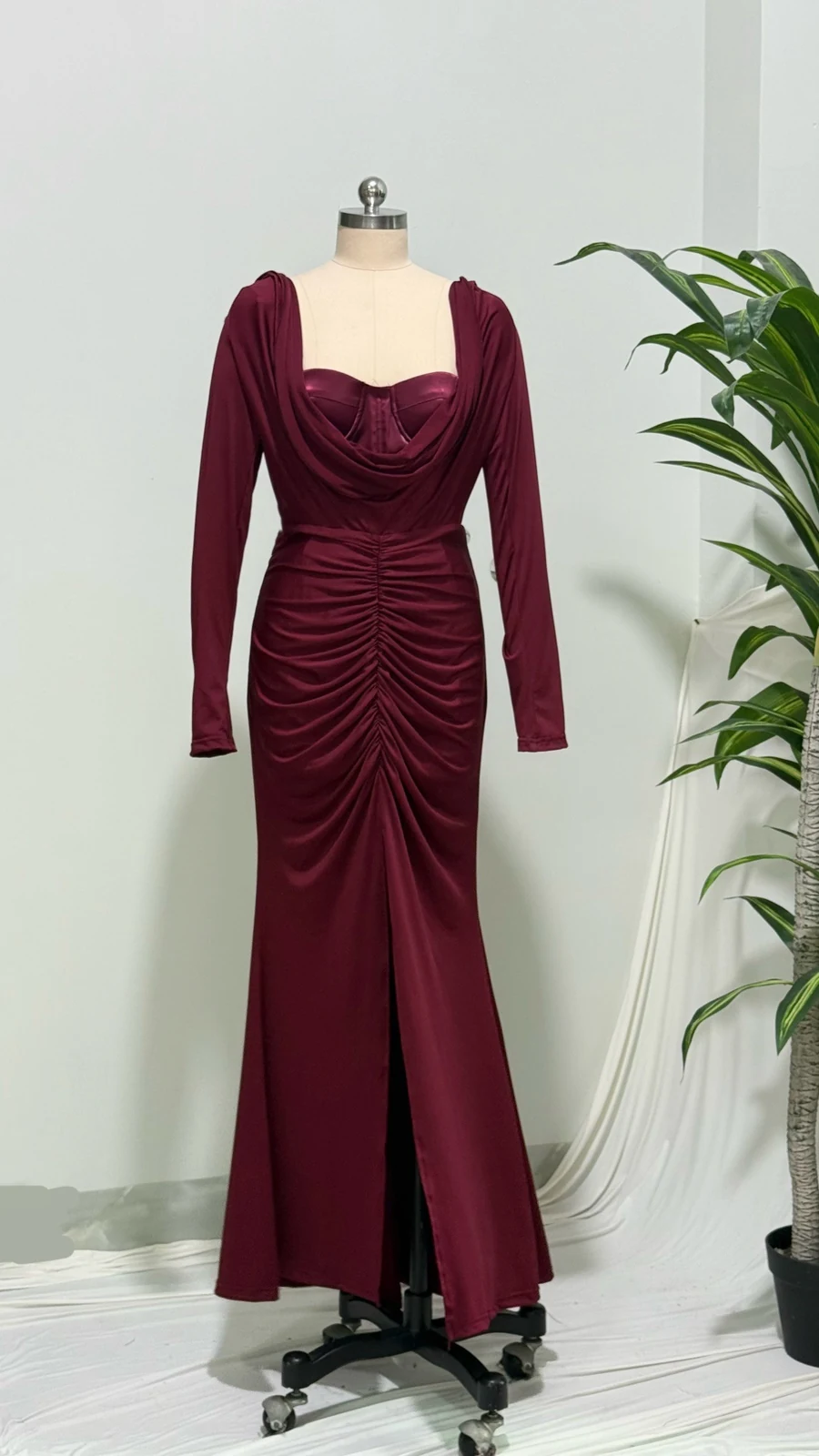 Real photo of red cowl neck ruched long sleeve maxi dress on a mannequin