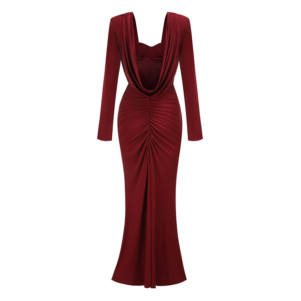 Real photo of red cowl neck ruched long sleeve maxi dress, back view