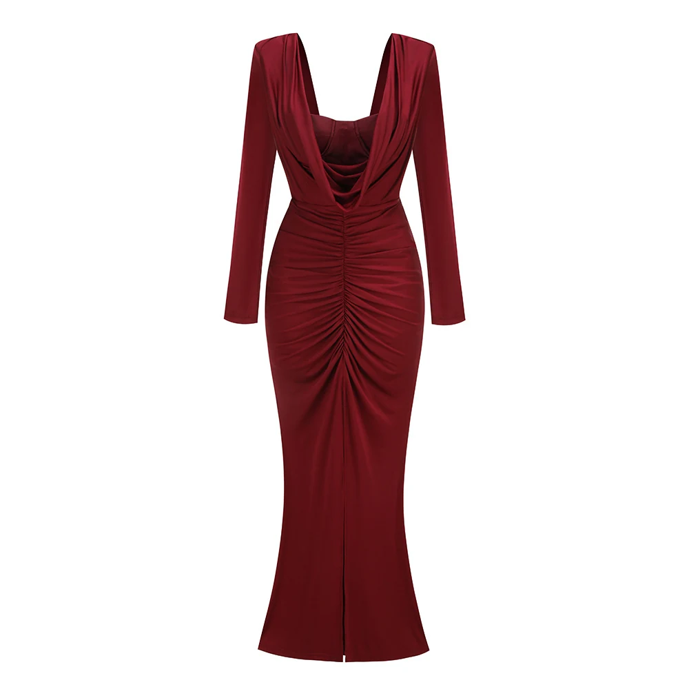 Real photo of red cowl neck ruched long sleeve maxi dress, front view