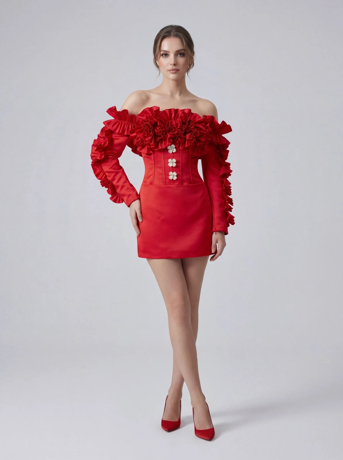 Model wearing red off-shoulder 3D ruffle long sleeve mini dress, front view