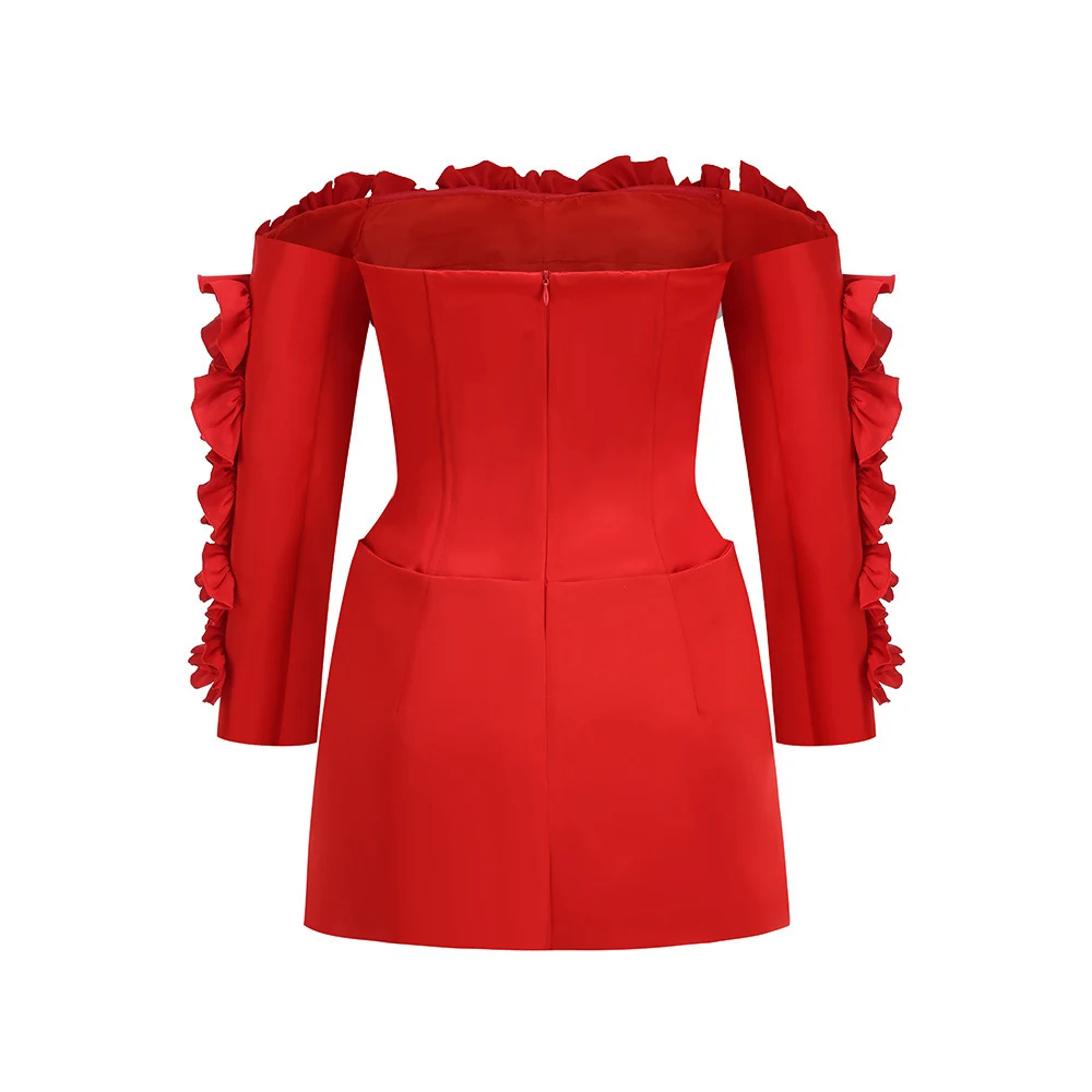 Real photo of red off-shoulder ruffle mini dress, back view