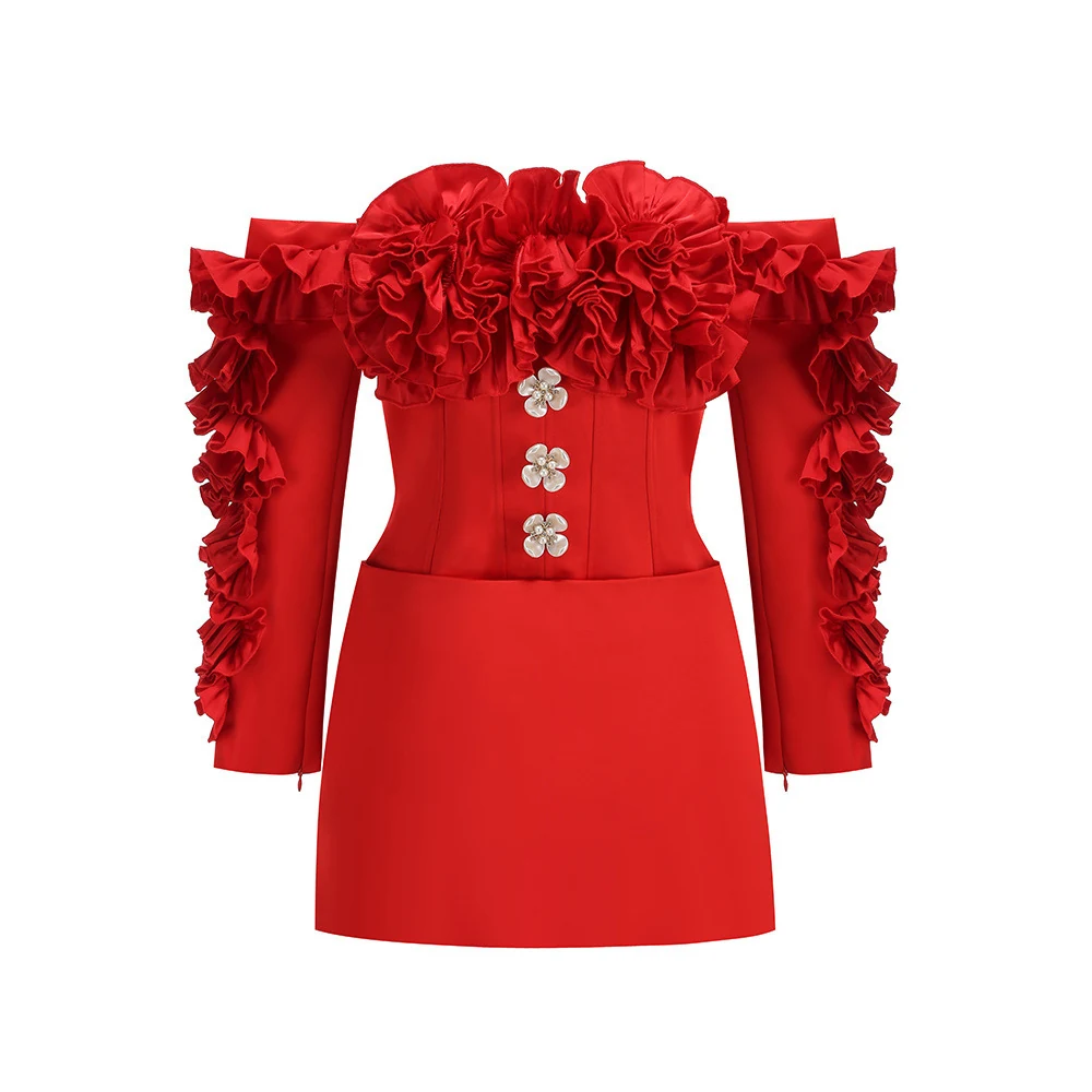 Real photo of red off-shoulder 3D ruffle mini dress, front view