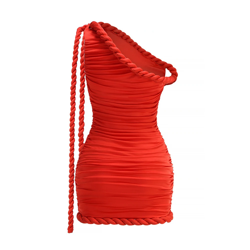 Real photo of red one-shoulder ruched mini dress, back view