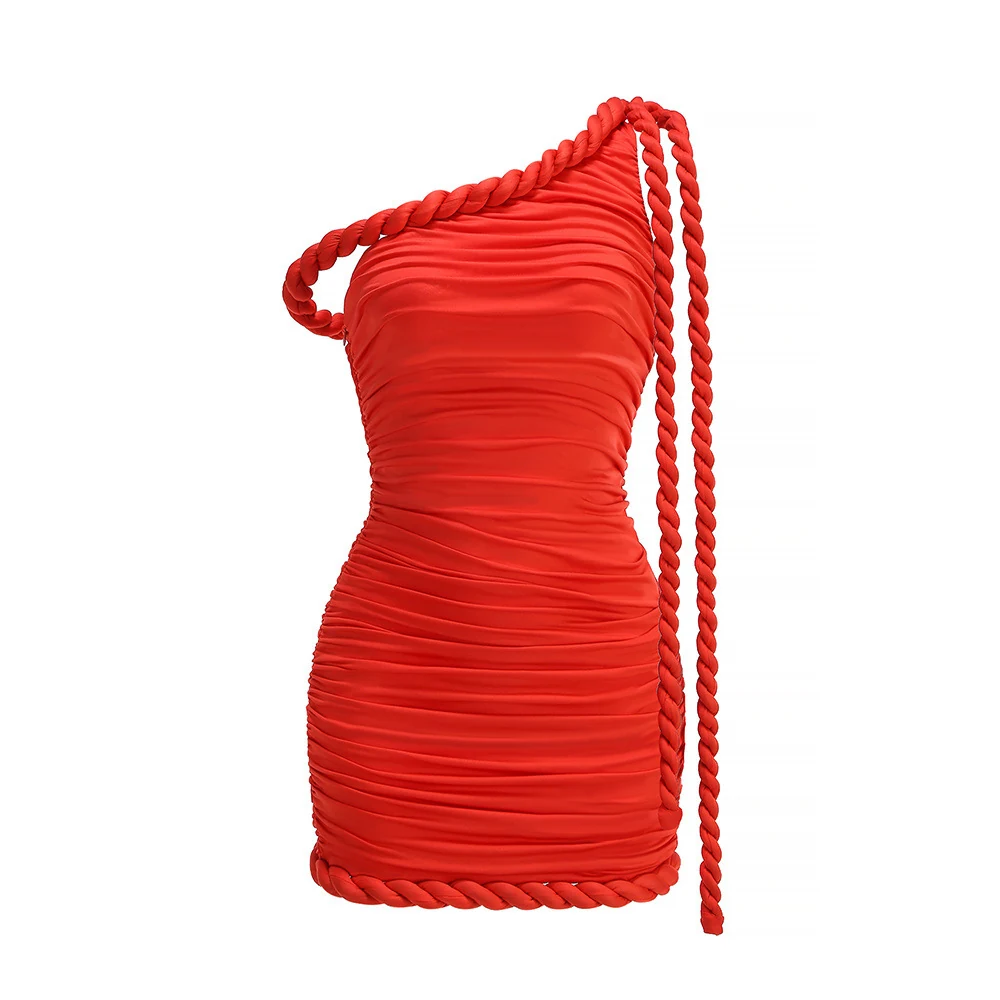 Real photo of red one-shoulder ruched mini dress, front view