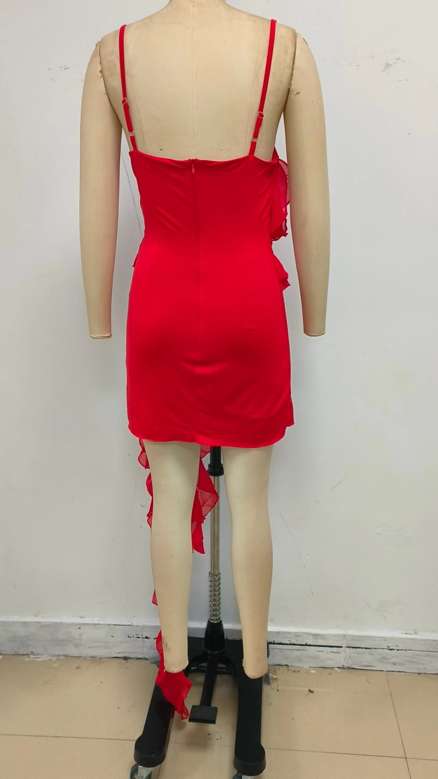 Real photo of red rhinestone strap asymmetric ruffle mini dress, back view