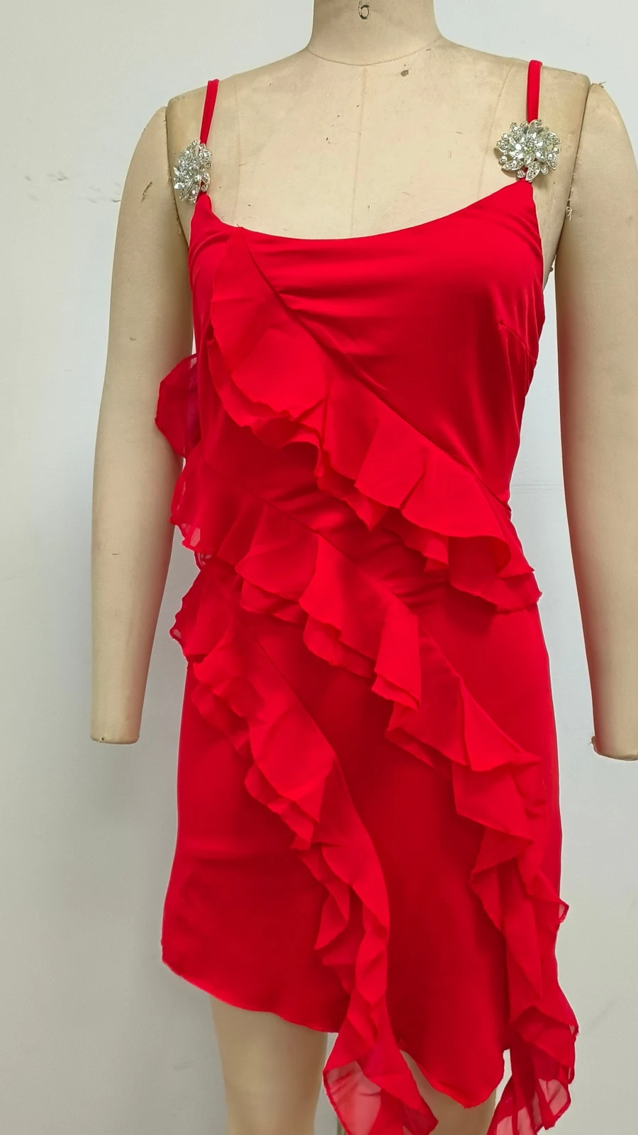 Real photo of red rhinestone strap asymmetric ruffle mini dress, front view