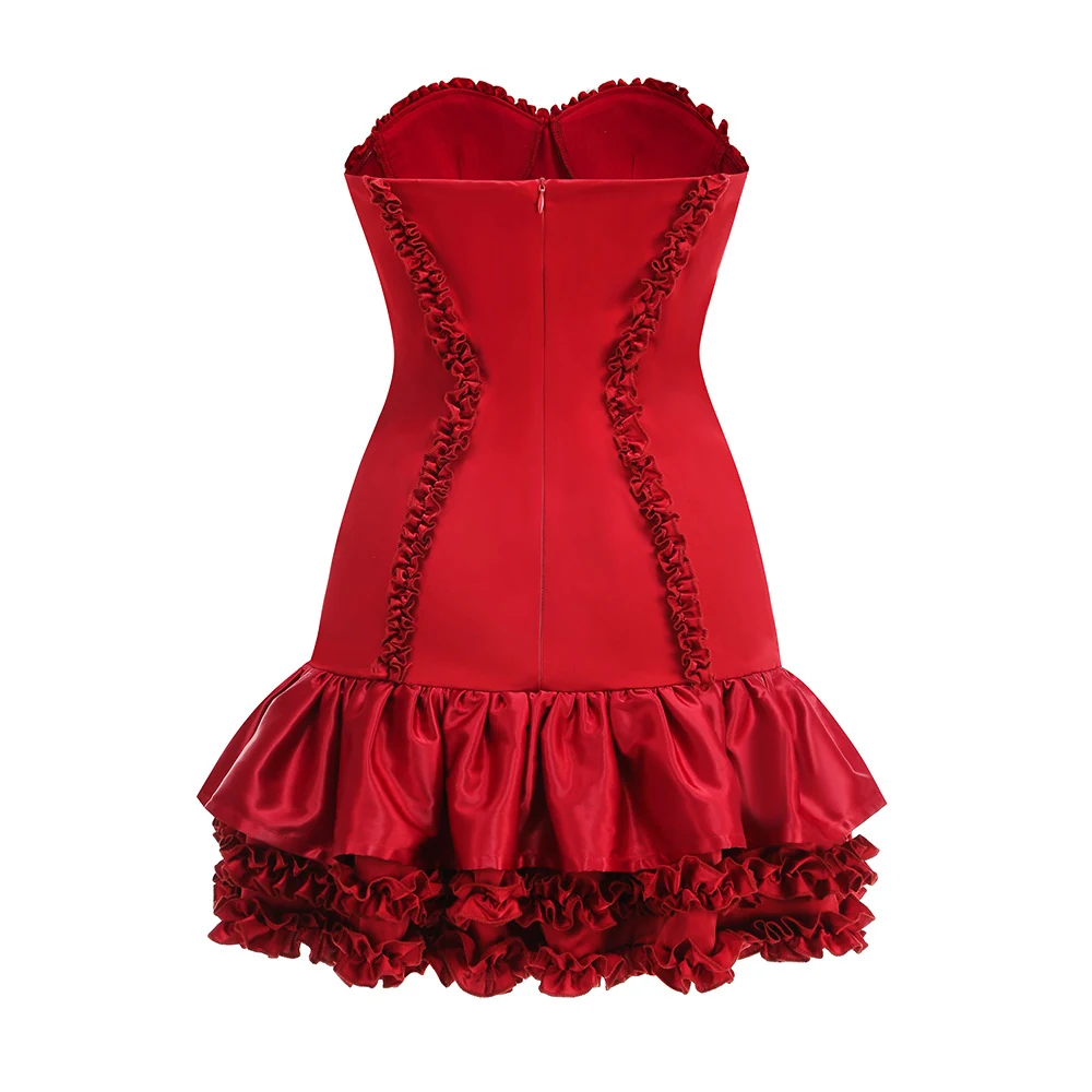 Real photo of red strapless ruffle corset mini dress, back view