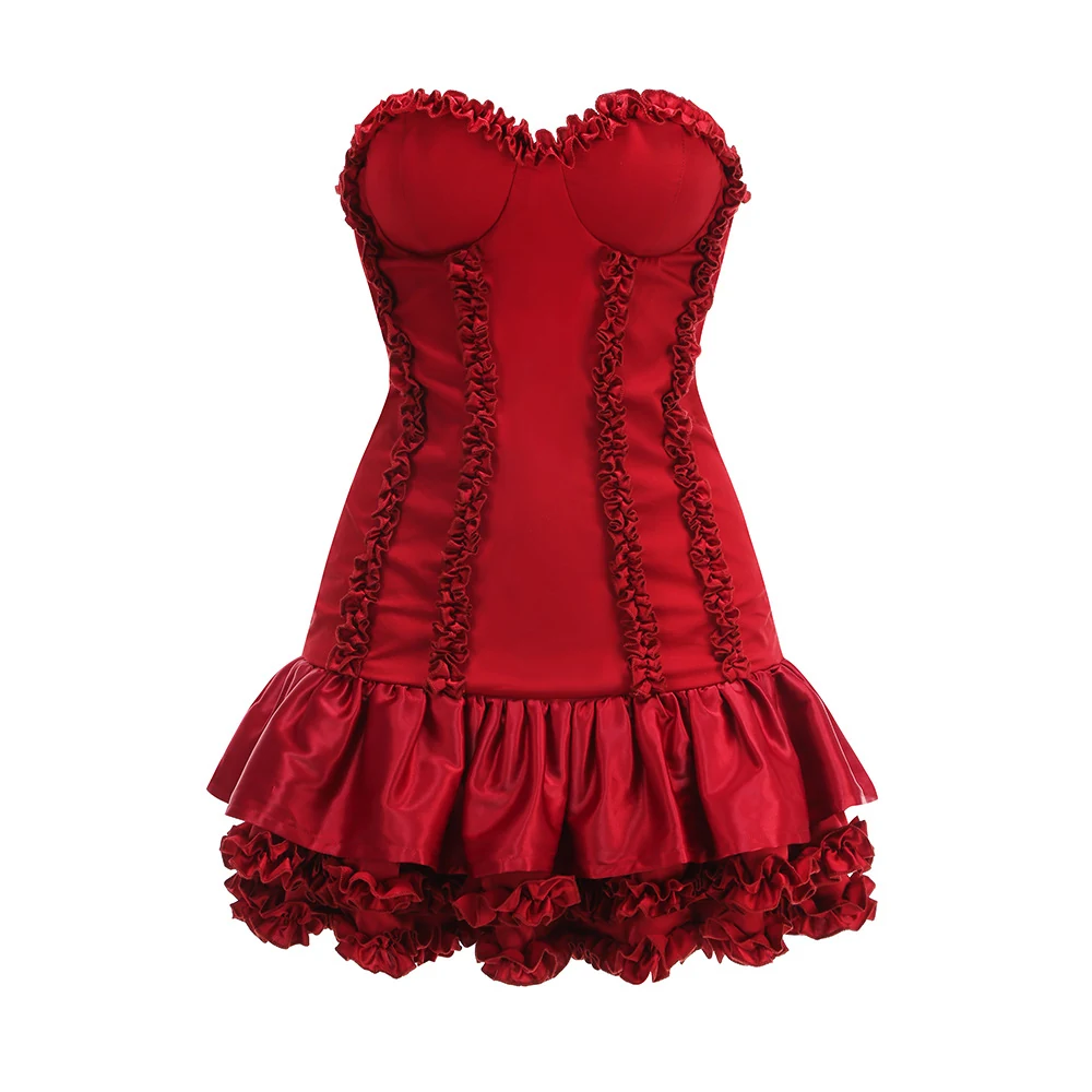 Real photo of red strapless ruffle corset mini dress, front view
