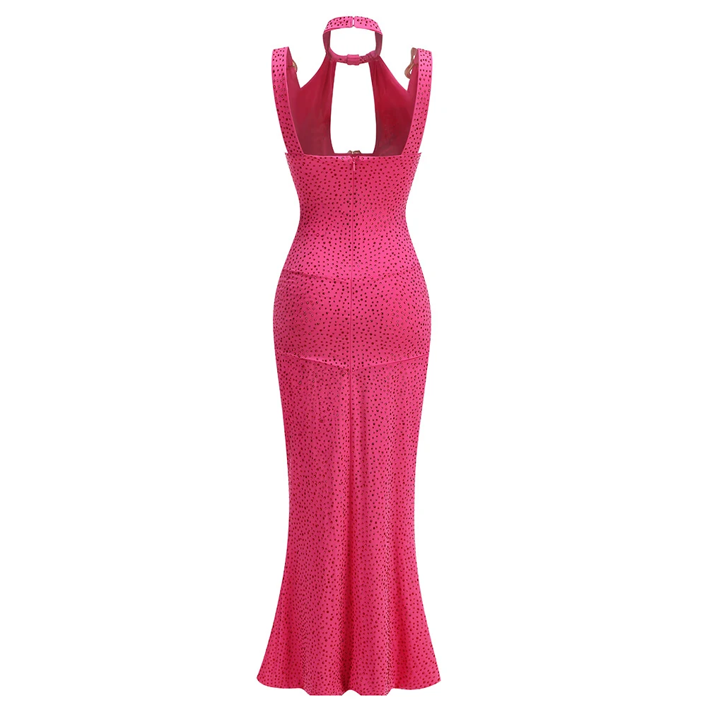 Real photo of rose red rhinestone mermaid maxi dress, back view