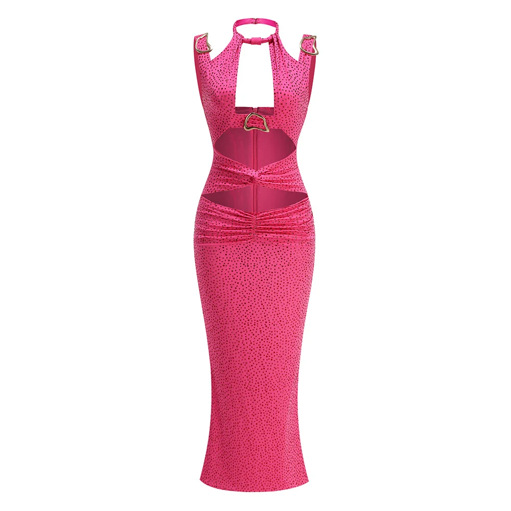 Real photo of rose red halter cut out rhinestone mermaid maxi dress, front view