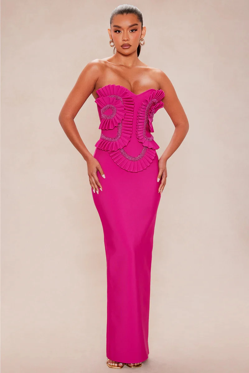 Full-length view of rose red strapless ruffle beaded bandage maxi dress