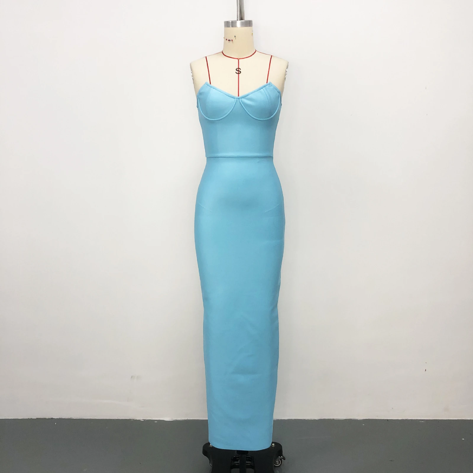 Real photo of sky blue strapless sweetheart bandage maxi dress on a mannequin