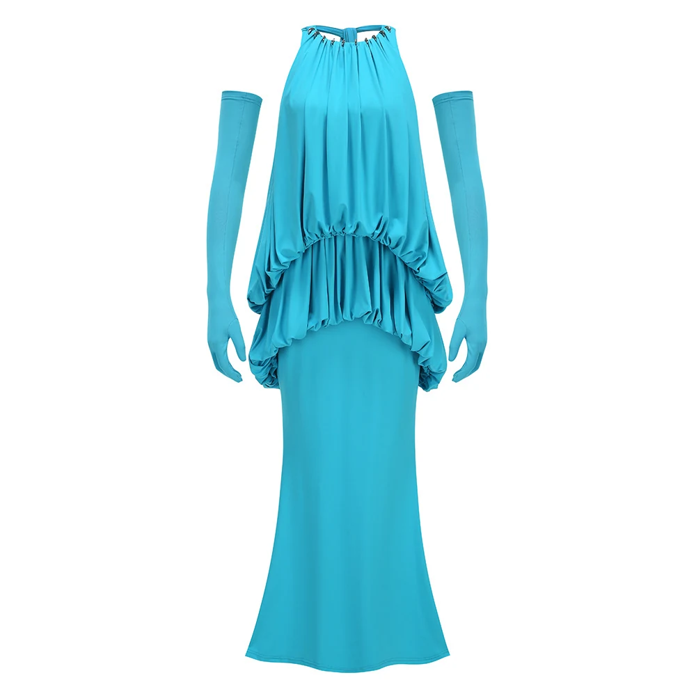 Real photo of turquoise halter blouson mermaid maxi dress with gloves, front view