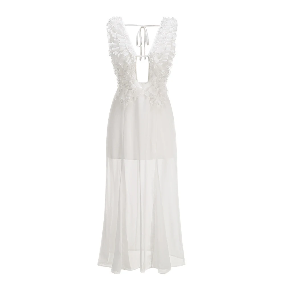 Real photo of white deep V ruffle strap maxi dress, front view