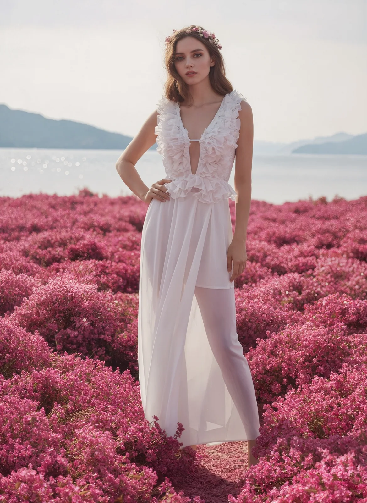 Model wearing white deep V ruffle strap maxi dress, front view